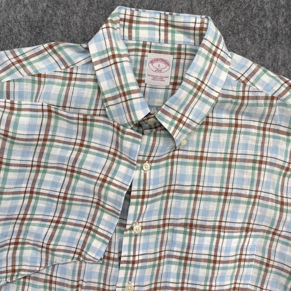 Brooks Brothers Linen Shirt Mens Large Short Sleeve Plaid Button Down Blue 346